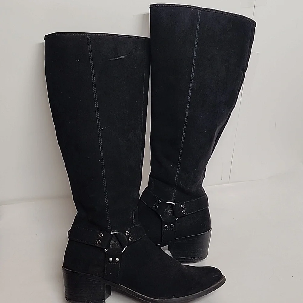 Carlos Santana Black Knee-High Sz 9.5 Faux Suede Western Style Boots